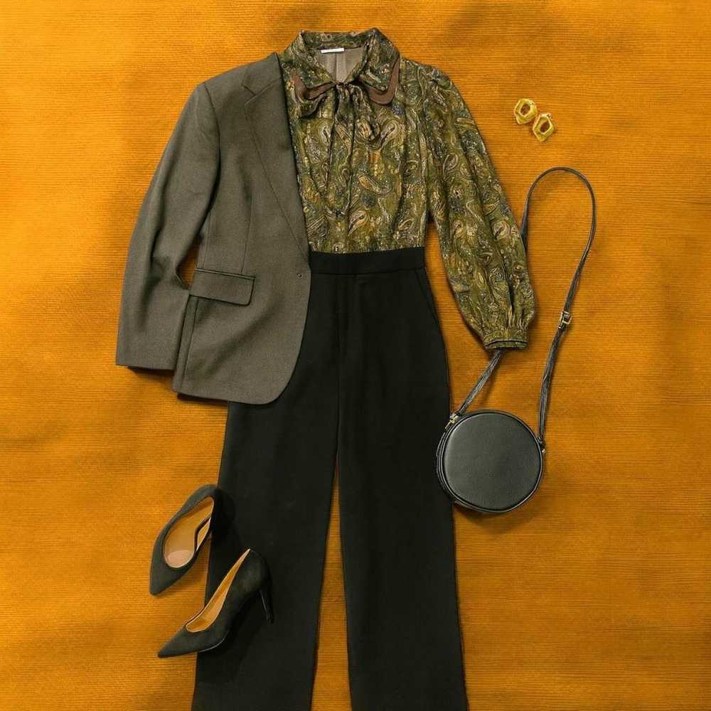 Vintage 70s 80s Green Brown Paisley Ruffle Bow Tie Neck Blouse Top